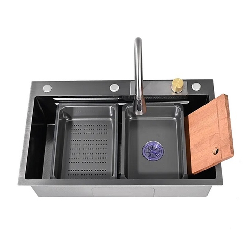 Chậu Rửa Chén 1 Hộc Thủ Công 75x46cm_Nano Đen + Vòi âm