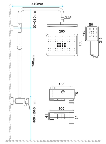 Bộ Sen Cây Tắm, Sen Tắm Đứng Nóng Lạnh Nút Nhấn Dạng Phím Đàn inox 304 Sơn Tỉnh Điện Màu Đen mã SC18