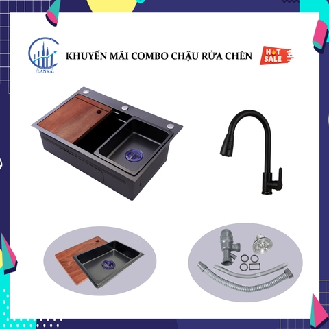 Combo Chậu Rửa Chén 1 Hộc Inox phủ nano Đen Kèm Vòi Nóng Lạnh Sơn Tĩnh Điện Dây Rút