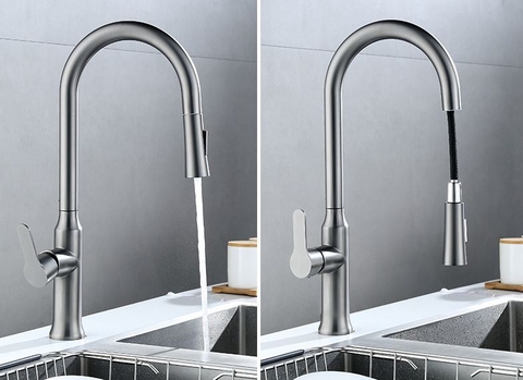 Vòi rửa chén lạnh dây rút Inox 304 sơn tỉnh điện màu xám LANKA