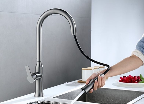 Vòi rửa chén nóng lạnh mẫu dây rút màu ghi xám LANKA VRCNL24