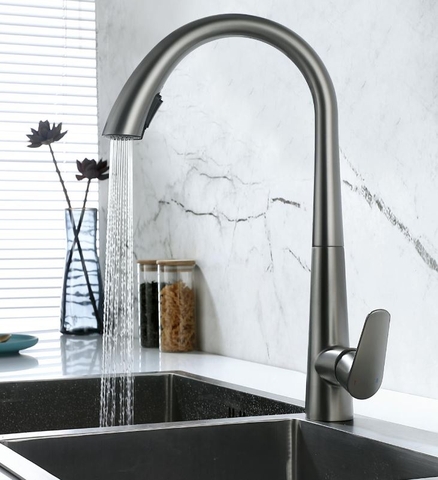 Vòi Rửa Chén Rút Nóng Lạnh Đồng Thau Sơn Tĩnh Điện Xám LANKA NL25