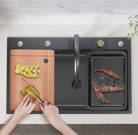 Combo Chậu Rửa Chén 1 Hộc + Vòi Rửa Chén Thác Nước Inox Phủ Nano Đen 7545