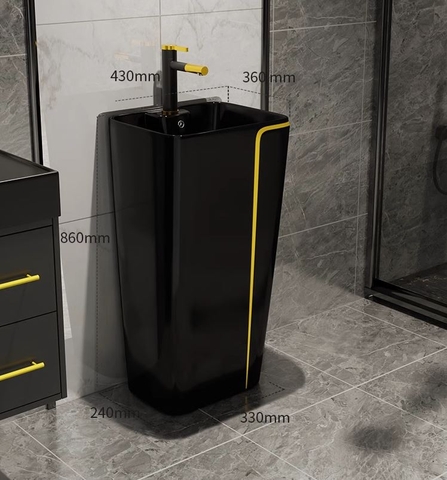 Lavabo trụ đứng liền khối mã P142 [Đen Viền Vàng]
