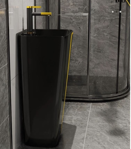 Lavabo trụ đứng liền khối mã P142 [Đen Viền Vàng]