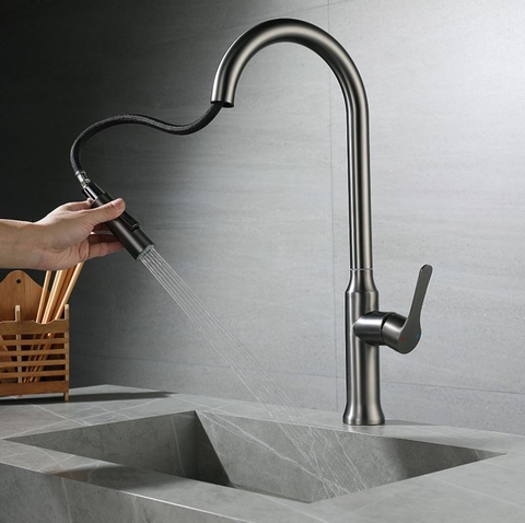 Vòi rửa chén lạnh dây rút Inox 304 sơn tỉnh điện màu xám LANKA