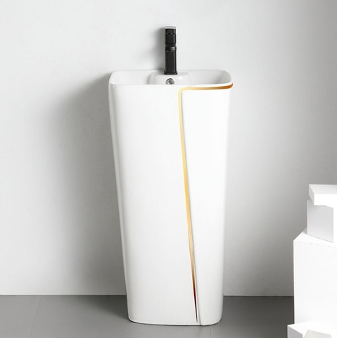 Lavabo trụ đứng liền khối mã P140 [Trắng Viền Vàng]