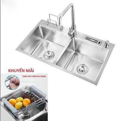 CHẬU RỬA CHÉN 2 HỘC VẮT DAO INOX 201 LANKA