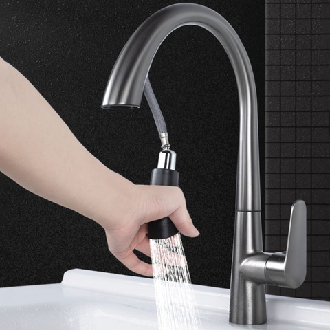 Vòi Rửa Chén Rút Nóng Lạnh Đồng Thau Sơn Tĩnh Điện Xám LANKA NL25