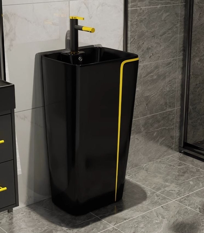 Lavabo trụ đứng liền khối mã P142 [Đen Viền Vàng]