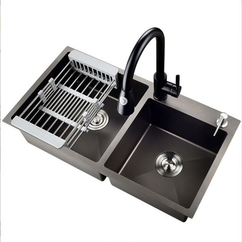 CHẬU CHÉN 2 HỘC LỆCH INOX PHỦ NANO 8245DT LANKA