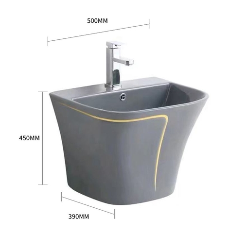 LAVABO SỨ TREO TƯỜNG LIỀN KHỐI MÃ  LT1012 LANKA [Xám Viền Vàng]
