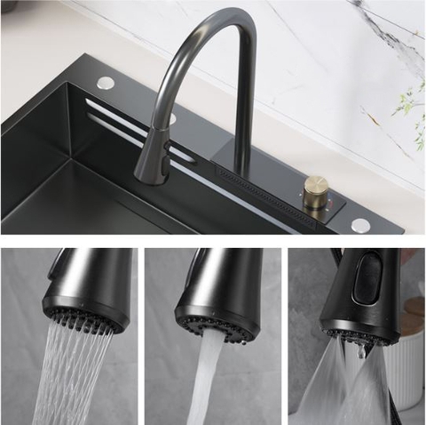 Combo Chậu Rửa Chén 1 Hộc + Vòi Rửa Chén Thác Nước Inox Phủ Nano Đen 7545