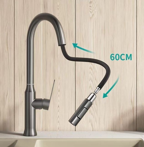 Vòi rửa chén lạnh dây rút Inox 304 sơn tỉnh điện màu xám LANKA