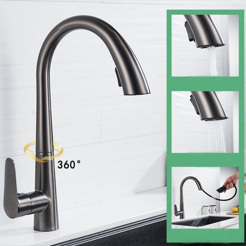 Vòi Rửa Chén Rút Nóng Lạnh Đồng Thau Sơn Tĩnh Điện Xám LANKA NL25