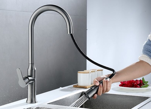 Vòi rửa chén nóng lạnh mẫu dây rút màu ghi xám LANKA VRCNL24