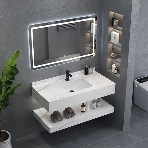 Bộ Bàn Đá Lavabo Âm Bàn Đôi Chống Trầy Trắng Vân Mây Kèm Gương Led, Lavabo