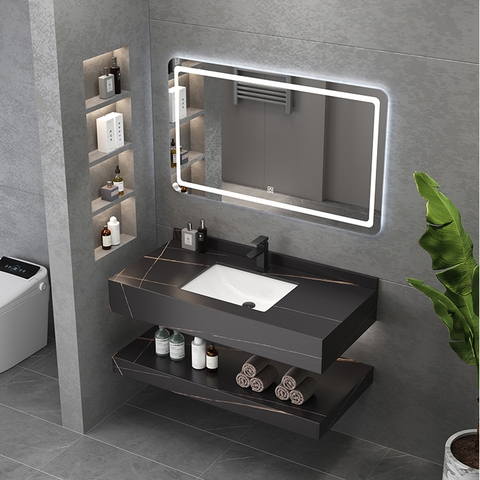 Kệ Lavabo 2 Tầng Đen Vân Vàng Chống Trầy Kèm Lavabo Âm 80x50