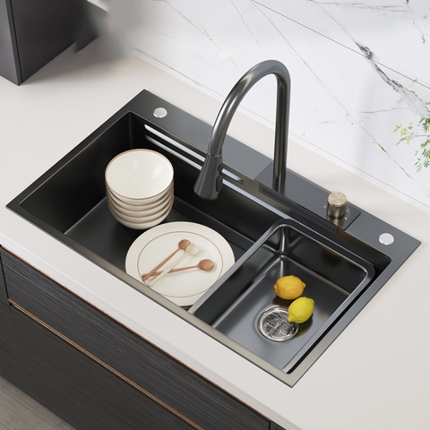 Combo Chậu Rửa Chén 1 Hộc + Vòi Rửa Chén Thác Nước Inox Phủ Nano Đen 7545