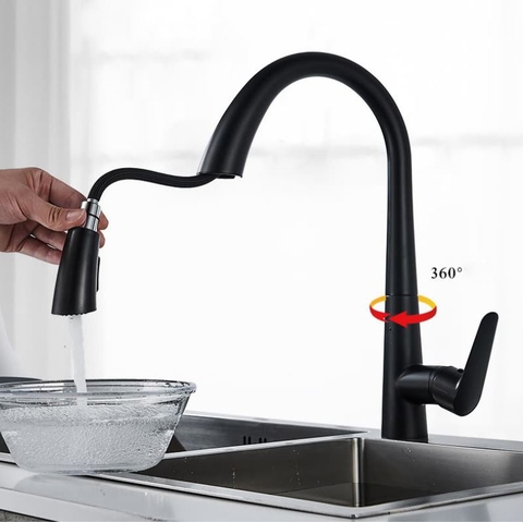 Vòi Rửa Chén Rút Nóng Lạnh Đồng Thau Sơn Tĩnh Điện Đen LANKA NL14