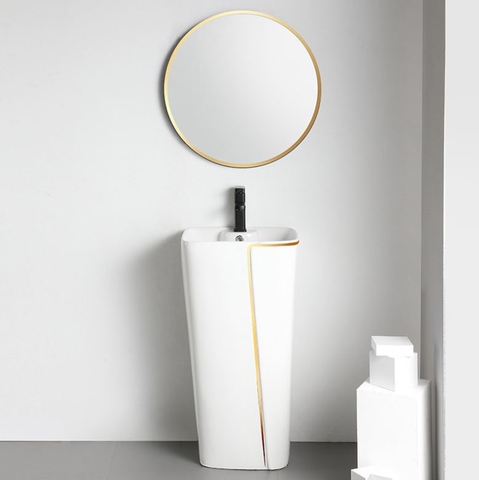 Lavabo trụ đứng liền khối mã P140 [Trắng Viền Vàng]