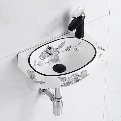 Chậu Lavabo Treo Tường kích thước nhỏ gọn có hoa văn ( có thể gắn góc tường)