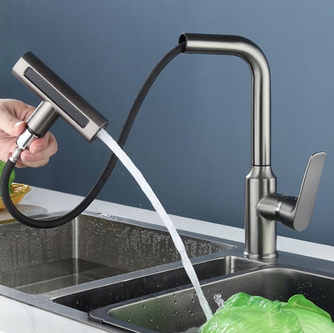 Vòi rửa chén nóng lạnh mẫu dây rút màu xám LANKA mã VRCNL19