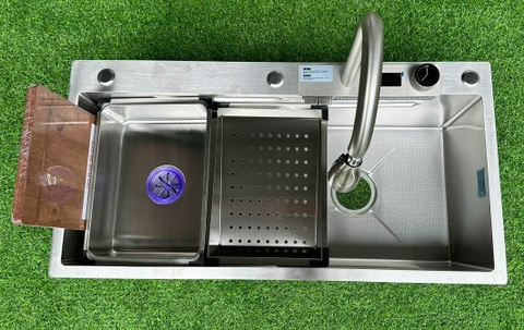 Chậu rửa chén 1 hộc INOX 304 9046 kèm vòi thác nước dây rút nóng lạnh INOX 304 LANKA