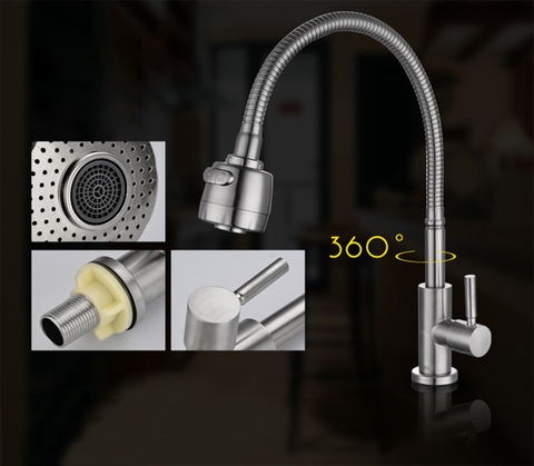 VÒI RỬA CHÉN LÒ XO BẺ, XOAY INOX 304 MỜ LANKA VRCL02
