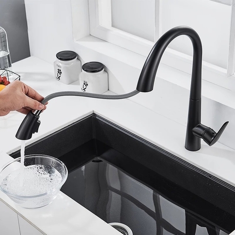 Vòi Rửa Chén Rút Nóng Lạnh Đồng Thau Sơn Tĩnh Điện Đen LANKA NL14