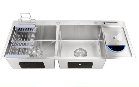 CHẬU RỬA CHÉN INOX 304 KHÔNG SƠN 2 HỘC CÓ THÙNG RÁC