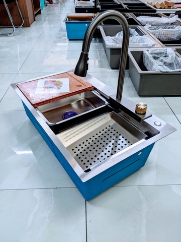 Combo Chậu Rửa Chén 1 Hộc Inox 304 + Vòi Rửa Chén Thác Nước Inox Phủ Nano Xám 7846