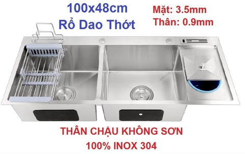 CHẬU RỬA CHÉN INOX 304 KHÔNG SƠN 2 HỘC CÓ THÙNG RÁC