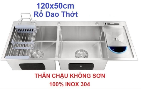 CHẬU RỬA CHÉN INOX 304 KHÔNG SƠN 2 HỘC CÓ THÙNG RÁC