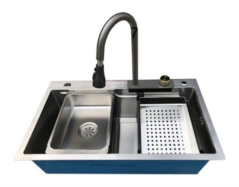 Combo Chậu Rửa Chén 1 Hộc Inox 304 + Vòi Rửa Chén Thác Nước Inox Phủ Nano Xám 7846