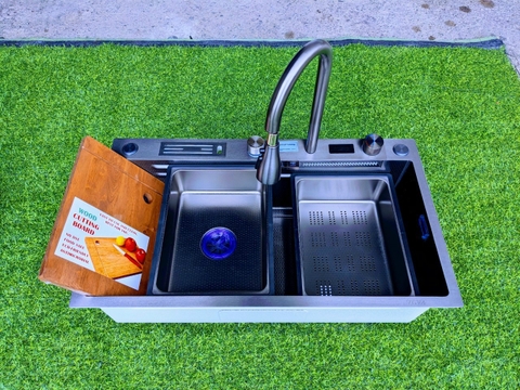 Chậu Rửa Chén Thủ Công 1 Hộc inox 304 phủ nano đen 78x46cm 2 Phím - Vắt Dao