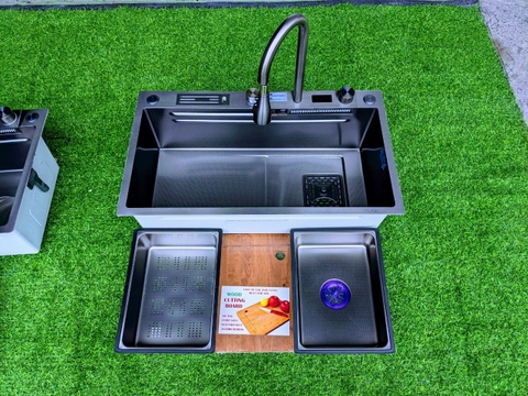 Chậu Rửa Chén Thủ Công 1 Hộc inox 304 phủ nano đen 78x46cm 2 Phím - Vắt Dao