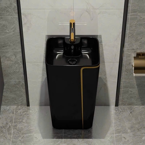 Lavabo trụ đứng liền khối mã P142 [Đen Viền Vàng]
