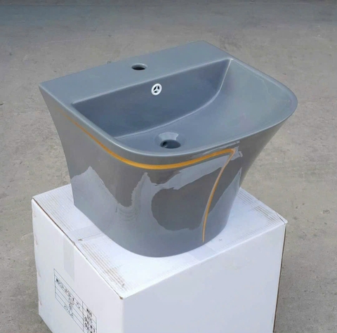 LAVABO SỨ TREO TƯỜNG LIỀN KHỐI MÃ  LT1012 LANKA [Xám Viền Vàng]