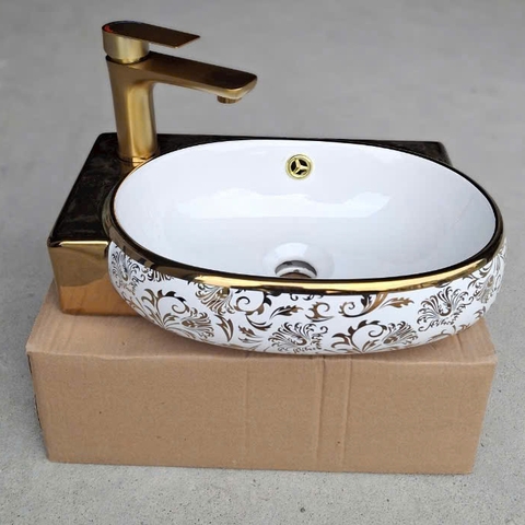 LAVABO SỨ TREO TƯỜNG HỌA TIẾT HOA VÀNG LB16