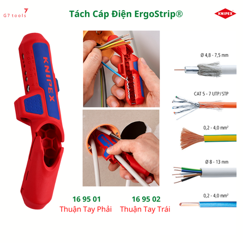 Knipex ErgoStrip 16 95 01 SB Tách Cáp Điện, CAT 5 - 7 (UTP/STP) Thuận Tay Phải