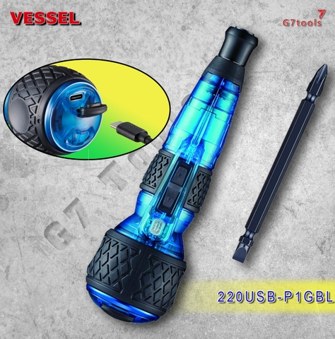 Tua Vít Điện VESSEL 220USB-P1GBL Galaxy Blue – Tay Cầm Ball Grip, 3 Chế Độ Lực, Kèm 1 Mũi Bit 2 Đầu