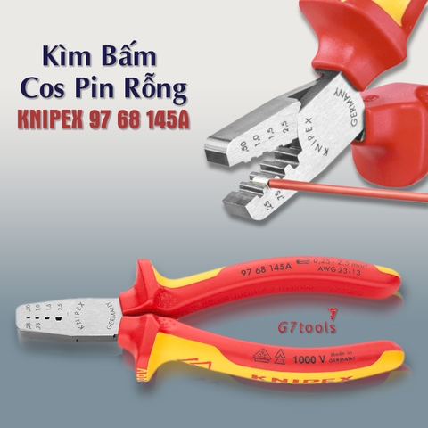 Kìm Knipex 97 68 145 A Bấm Cos Pin Rỗng Tiết Diện Nhỏ 0.25 - 2.5mm² Tay Cầm Cách Điện 1000 Volt
