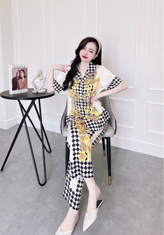 Pijama QDTN lụa latin Sọc đen vàng