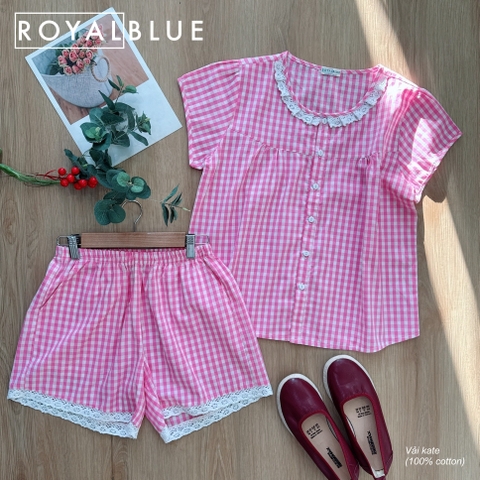 Bộ đùi kate cổ ren xinh, karo hồng phấn