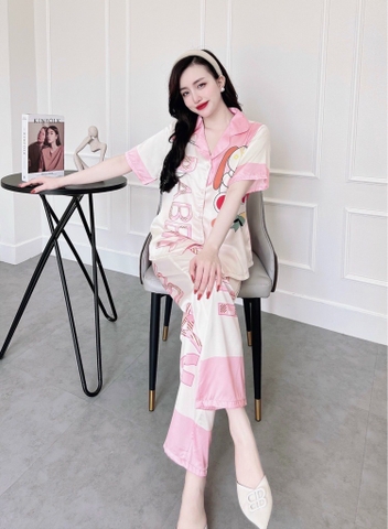 Pijama QDTN lụa latin hồng flower