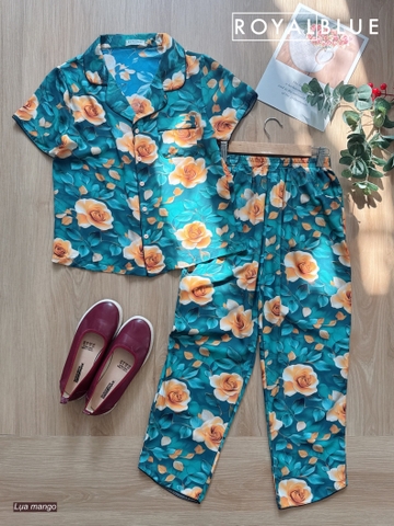Bộ dài pijama mango, hoa cam xanh