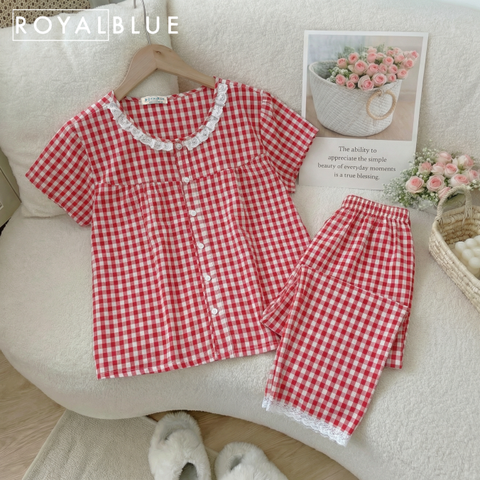 Bộ dài cotton viền ren xinh, karo đỏ