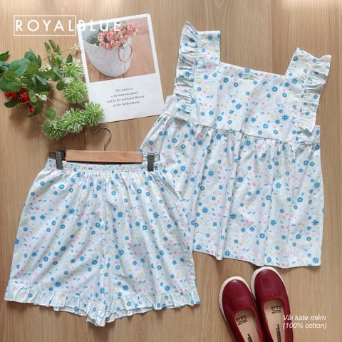 Đùi cánh tiên cổ vuông coton, nhí xanh hồng