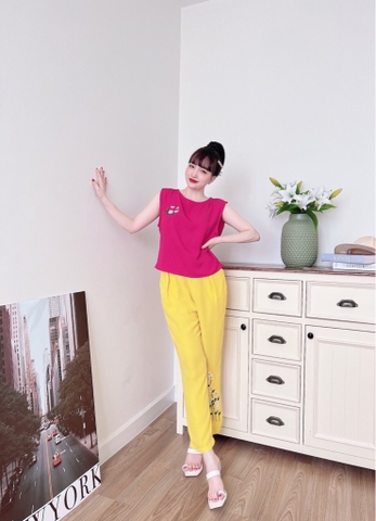 Bộ ngố đũi thêu hoa hồng vàng